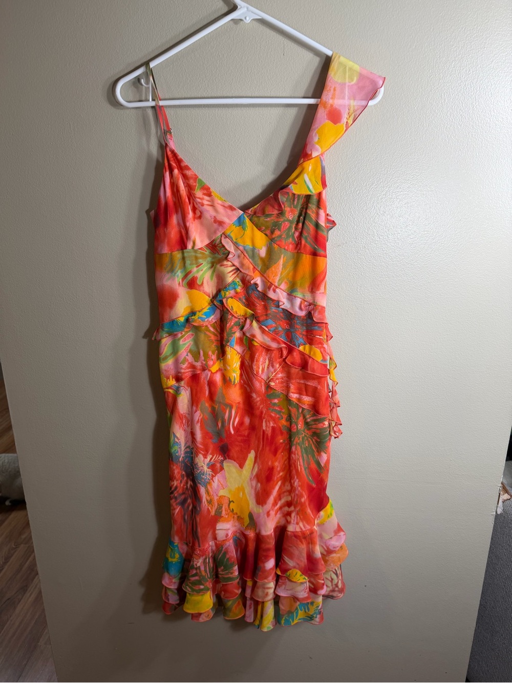 Vintage Laurel by Escada Y2K 100% Silk One Shoulder Tropical Ruffle Dress EU 36